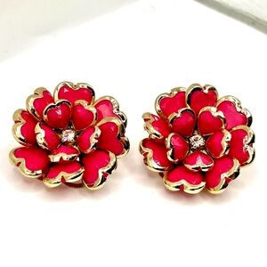 Chunky Pink & Gold Tone Heart Shaped Flower Earrings
